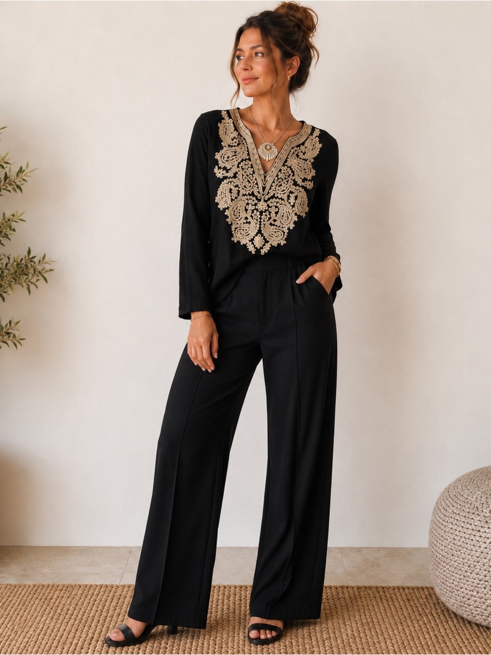 INC International Concepts Black Embroidered V-Neck Long Sleeve Top || Sz Large - Picture 3 of 9